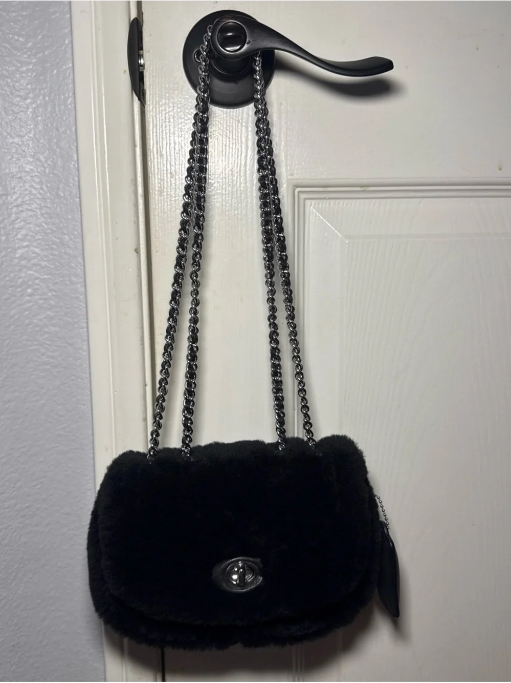 Coach Black Faux Fur Shoulder Bag with Gunmetal Chain Strap